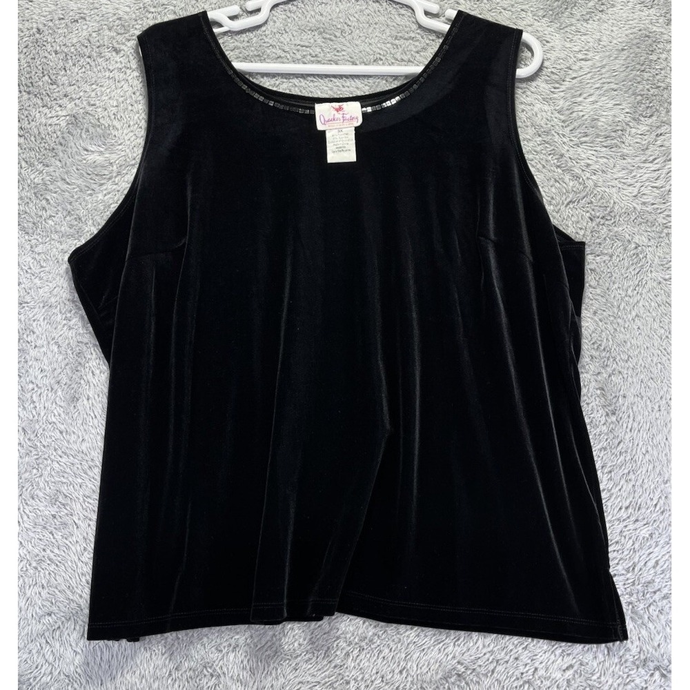 Quacker Factory Women 3X Black Velour Velvet Sequin Sleeveless Top Holiday Party